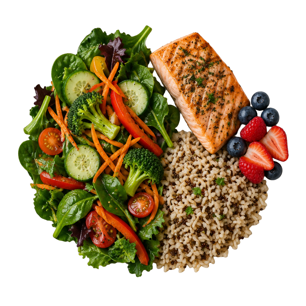 A balanced plate: half vegetables, a quarter protein, a quarter whole grains, with fruit